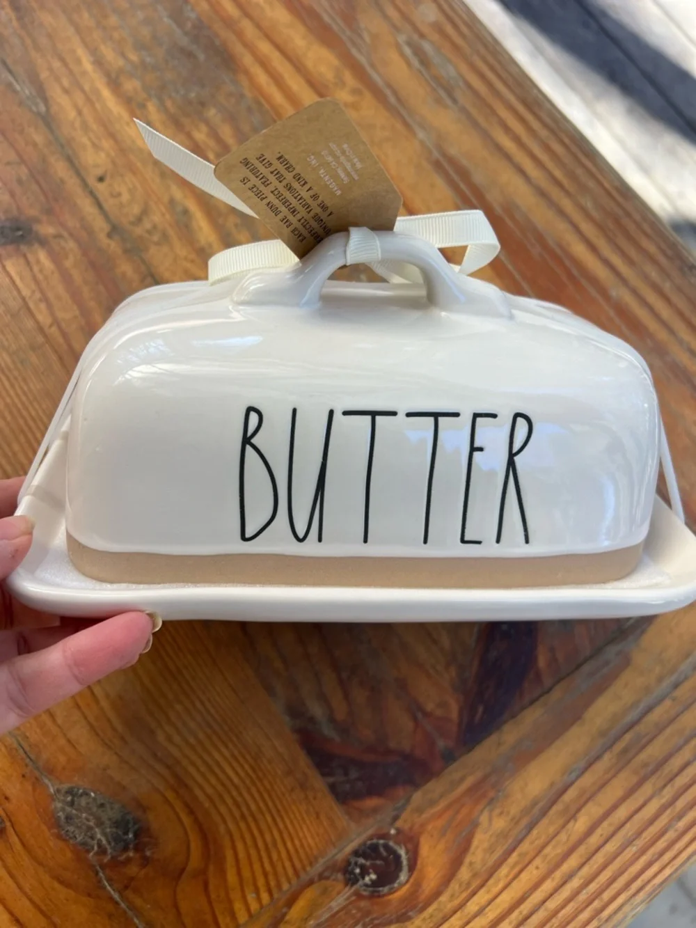 RAE DUNN White and Tan Stripe Black Letters Covered Ceramic Butter Dish NWT NEW